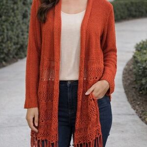 Chicos Burnt Orange Crochet Cardigan with Fringe Size 2